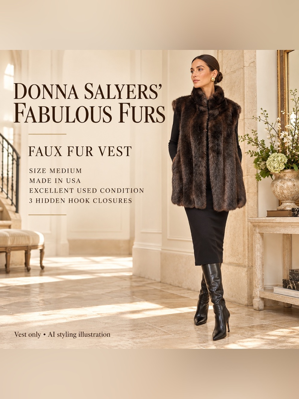 Donna Salyers Fabulous Furs Brown Faux Fur Vest Medium USA Made EUC